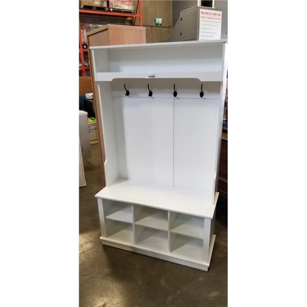 WHITE ENTRY COAT RACK BENCH