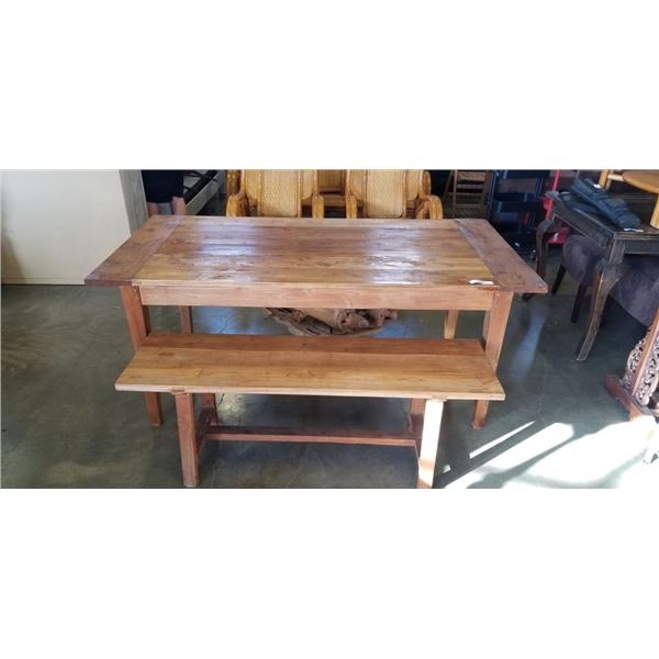 ANTIQUE TEAK DINING TABLE AND MATCHING BENCH