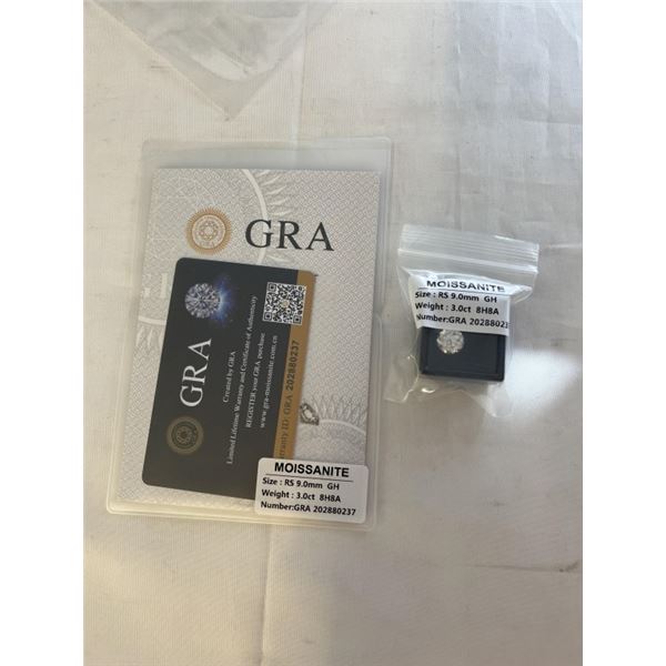 NEW 3.0 CARAT MOISSANITE STONE, ROUND BRILLIANT CUT, GH-VVS1, GRA REPORT, TESTS POSITIVE W/ DIAMOND 