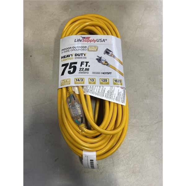 AS NEW 75FT YELLOW  INDOOR OUTDOOR HEAVY DUTY LIGHTED 3 WIRE GROUNDED EXTENSION CORD 14AWG