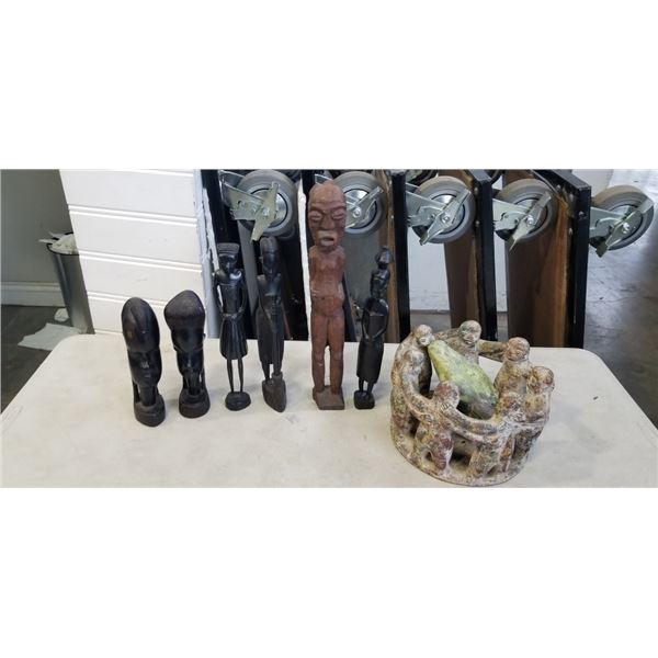 LOT OF WOOD AND STONE CARVINGS