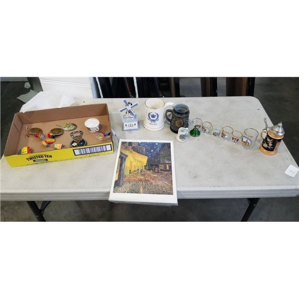 TRAY OF ASSORTED ANTIQUE AND VINTAGE COLLECTIBLES INCLUDING VAN GOGH PRINT