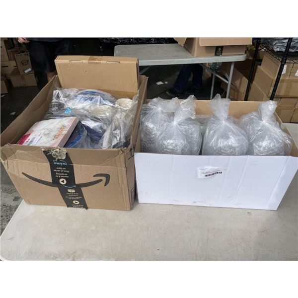 2 BOXES OF PARTY SUPPLIES AND DISPOSABLE PLATES AND DECOR, PLASTIC CUPS ETC
