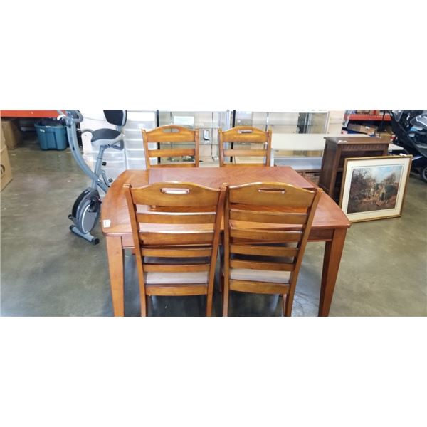 MISSION OAK STYLE DINING TBALE WITH EXTENSION AND 4 UPHOLSTERED DINING CHAIRS, TABLE HAS 2 STORAGE D