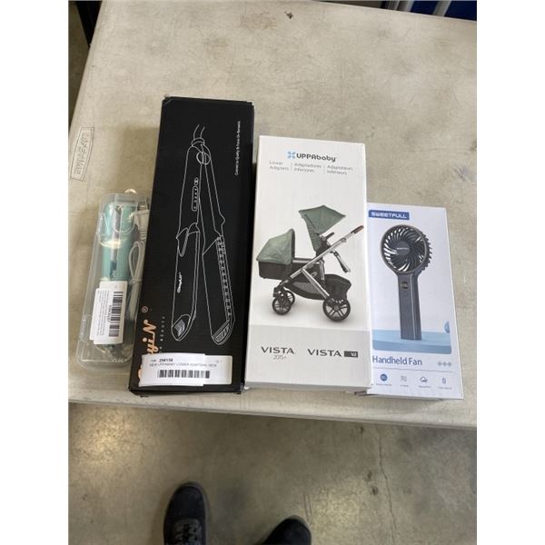 NEW UPPABABY LOWER ADAPTERS, NEW HANDHELD FAN, AND 2 NEW HAIR STRAIGHTENERS, ONE IS TRAVEL SIZE