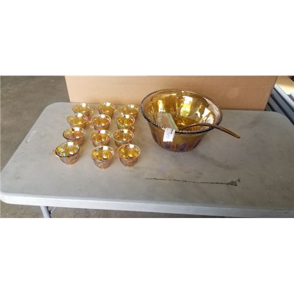 ANTIQUE CARNIVAL GLASS PUNCH BOWL SET