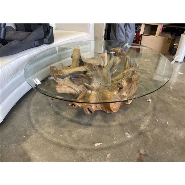 BURL BEVELLED GLASS TOP COFFE TABLE, 48 INCH