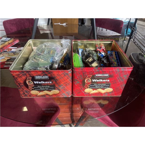 2 TINS OF VINTAGE DIE CAST CARS AND TRUCKS