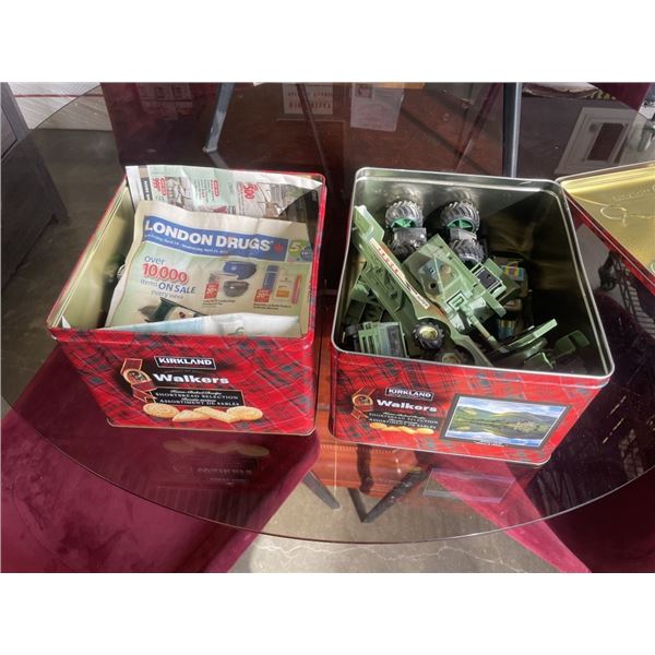 2 TINS OF VINTAGE DIE CAST CARS AND TRUCKS