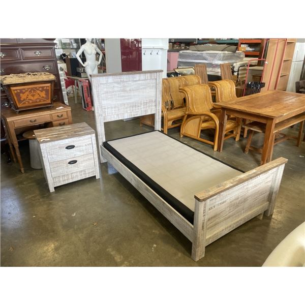 AS NEW MODERN RUSTIC LOOK TWIN SIZE BEDFRAME AND NIGHT STAND AND BOXSPRING