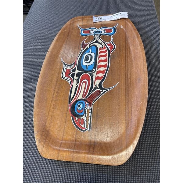 VINTAGE TEAK PLATTER WITH NATIVE FISH PAINTING