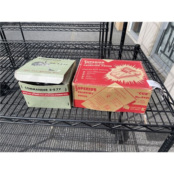 ANTIQUE COMMANDER BOXED FISHING REEL AND CUB SUPERIOR PRINTING PRESS, BOTH IN ORIGINAL BOXES