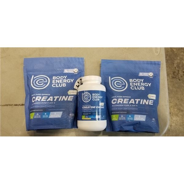 LOT OF NEW BODY ENERGY CLUB SUPPLEMENTS CREATINE POWDER AND CREATINE CHEWS