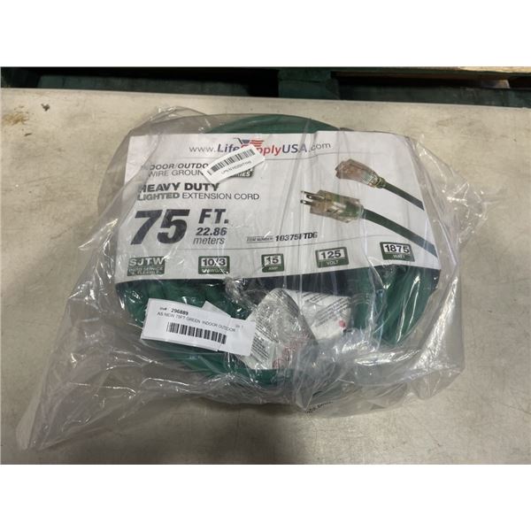 AS NEW 75FT GREEN  INDOOR OUTDOOR HEAVY DUTY LIGHTED 3 WIRE GROUNDED EXTENSION CORD 10AWG