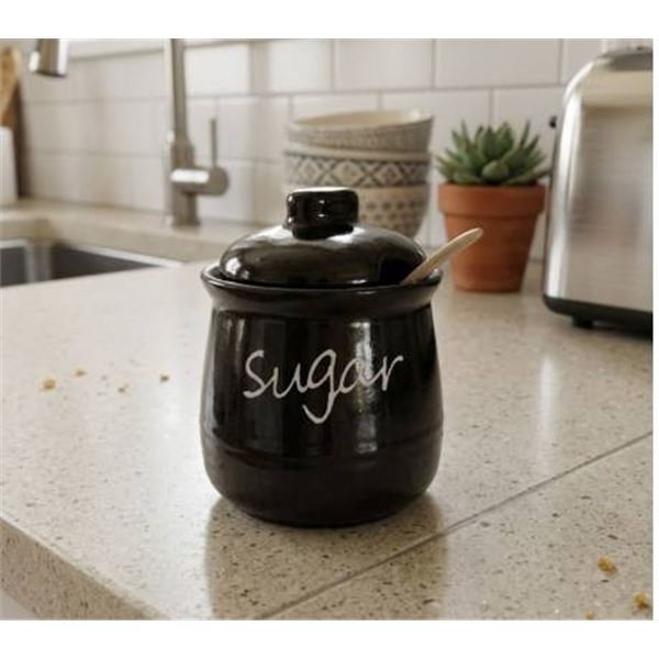 Black Ceramic Sugar Jar With Lid and Spoon, Model X003A8HN9V