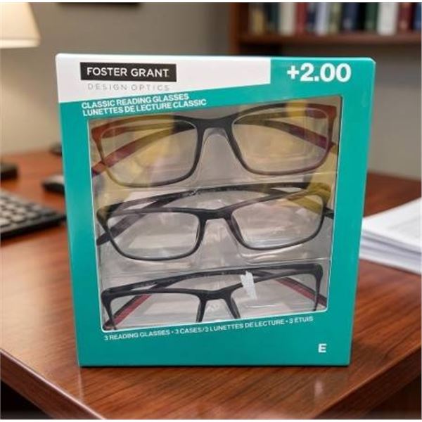 Foster Grant Essentials +2.00 Classic Reading Glasses, 3-Pack