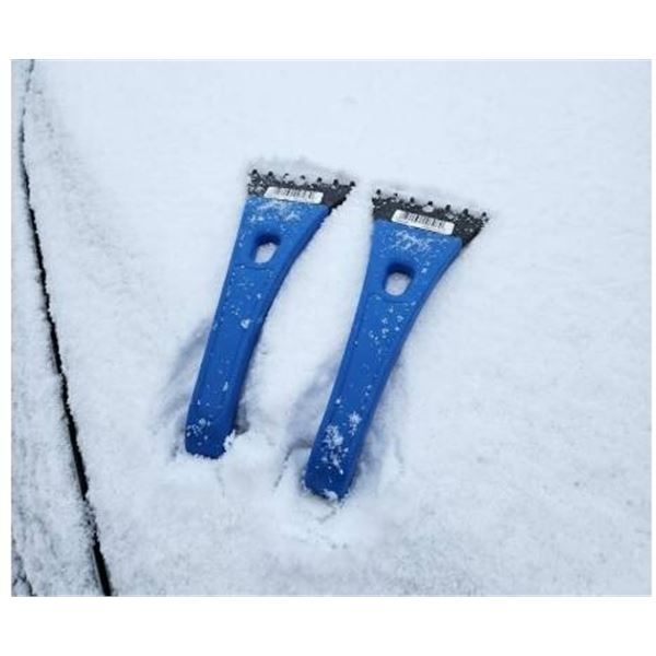 Two Blue Plastic Windshield Scrapers with Black Blades