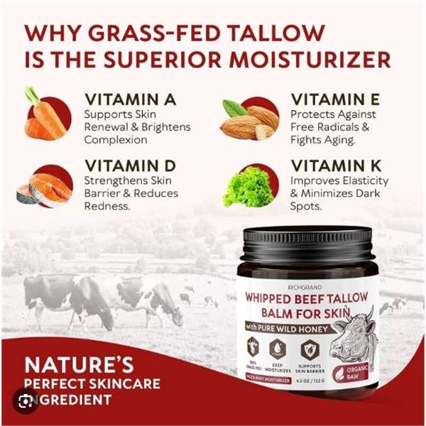 Richgrand Whipped Beef Tallow Balm for Skin, Grass-Fed, 122 g
