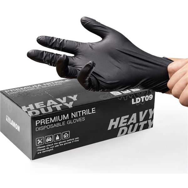 LANON 6-mil Black Nitrile Disposable Gloves, Food-Safe, Powder-Free, Heavy-Duty, Textured Fingertips