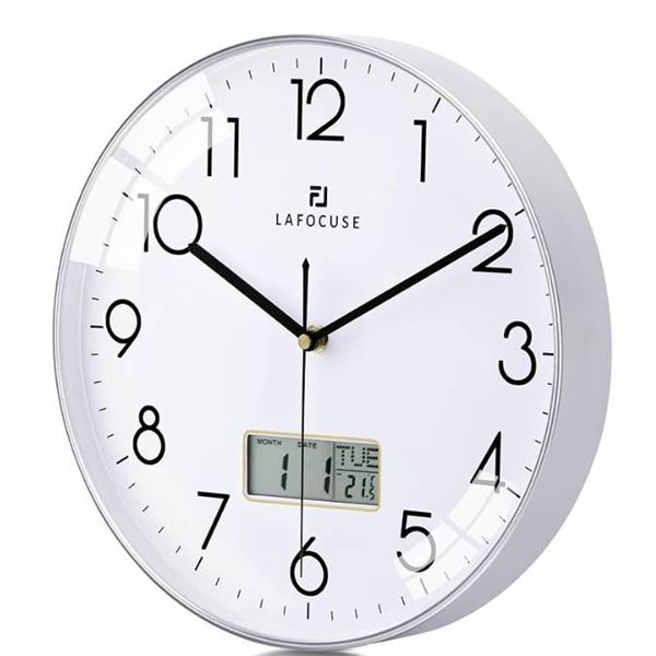 Lafocuse 12 Inch Silent Silver Wall Clock with Date and Day, Modern Analog Clocks with LCD Display B