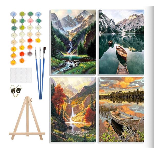 4 Pack Paint by Number Kit for Adults Framed Canvas, with Easel, Acrylic Easy Paint by Numbers for B