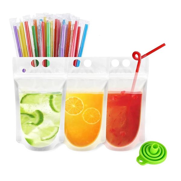 Reusable Drink Pouches Clear Drink Bags with Disposable Plastic Straws