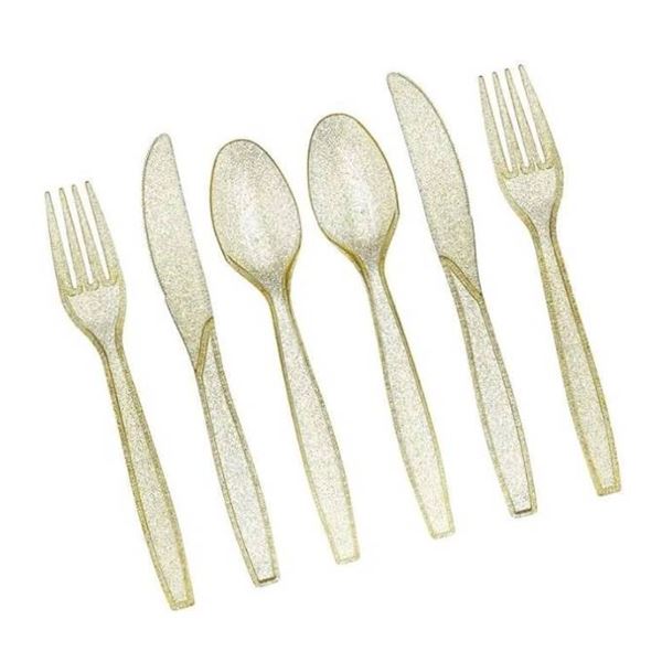 Prestee 180 Gold Glitter Plastic Silverware Cutlery Set
