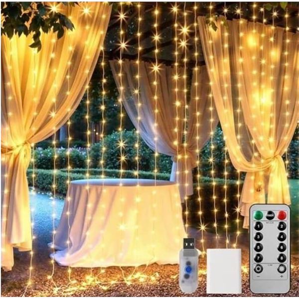 Lot of 2 Brightown Hanging Window Curtain Lights 9.8 Ft Dimmable & Connectable with 300 LED, Remote,