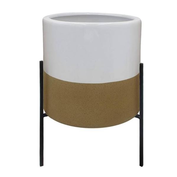 Rivet Mid-Century Ceramic Planter with Iron Stand - White and Tan