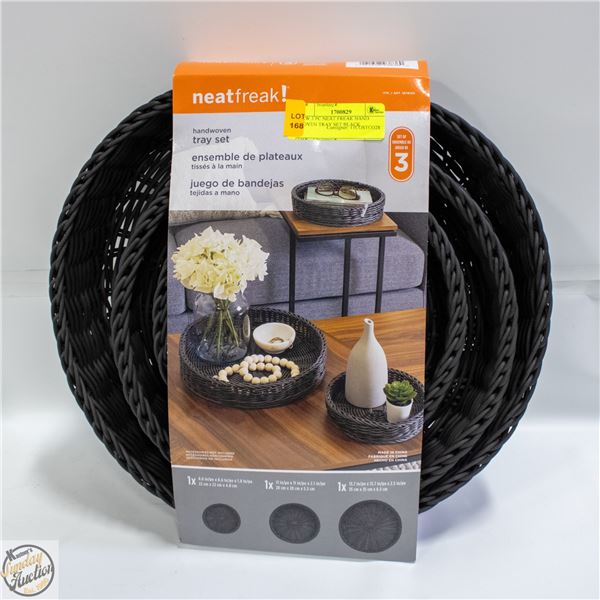 NEW 3 PC NEAT FREAK HAND WOVEN TRAY SET BLACK