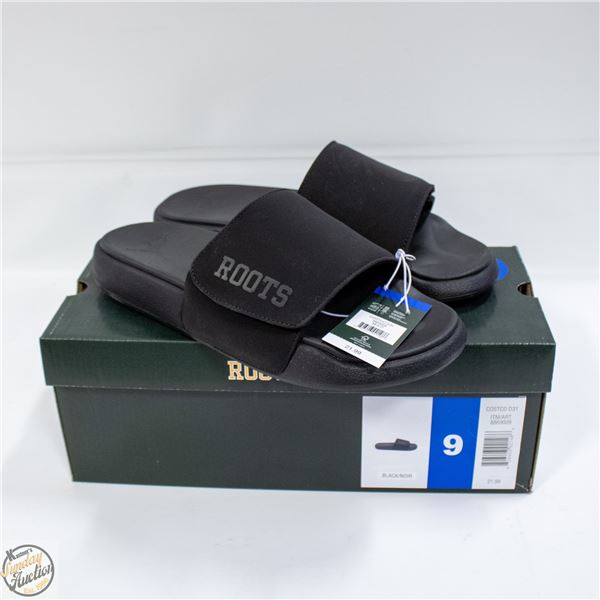 NEW WITH BOX ROOTS MENS SZ 9 SLIDES - BLACK