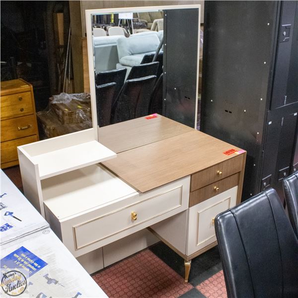 MODERN TWO TONE PANELED VANITY WITH GOLD PULLS