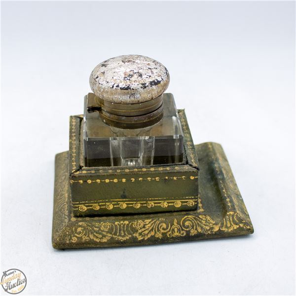 ANTIQUE CRYSTAL INKWELL WITH STAND