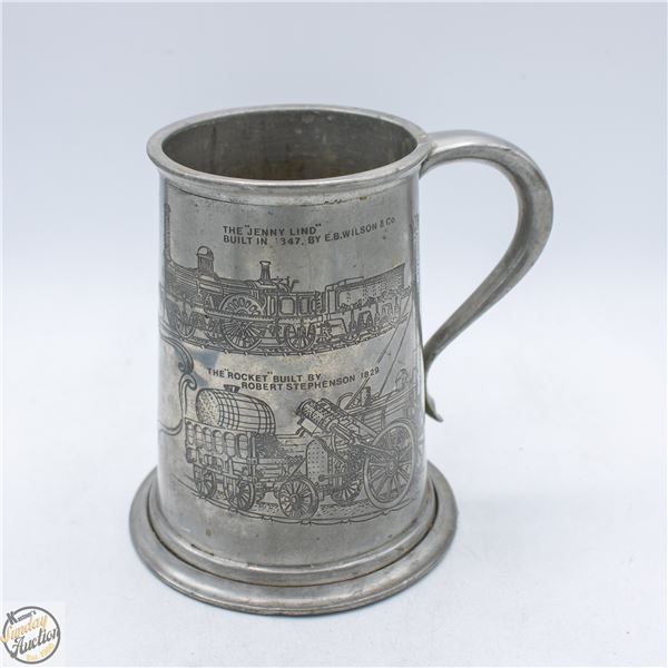 VINTAGE RAILROAD MOTIF TANKARD, MADE IN