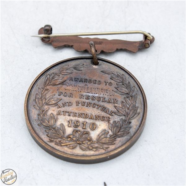 ANTIQUE 1910 SCHOOL ATTENDANCE MEDAL