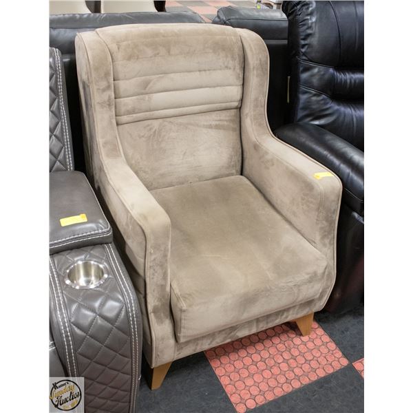 NEW AMERICAN GOOSE BROWN SUEDE CURVED ARM CHAIR