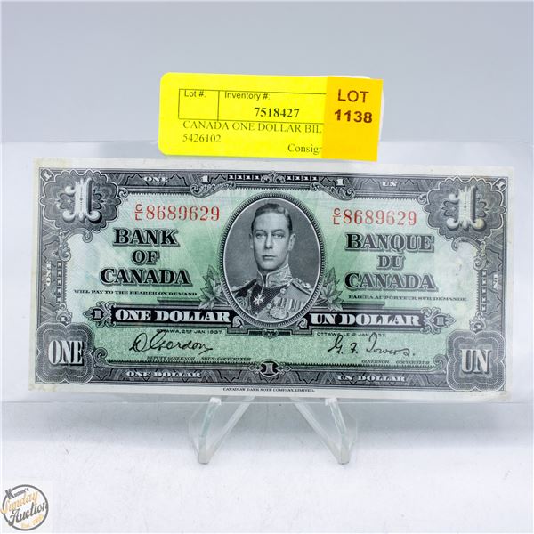CANADA ONE DOLLAR BILL 1937 S/N 5426102