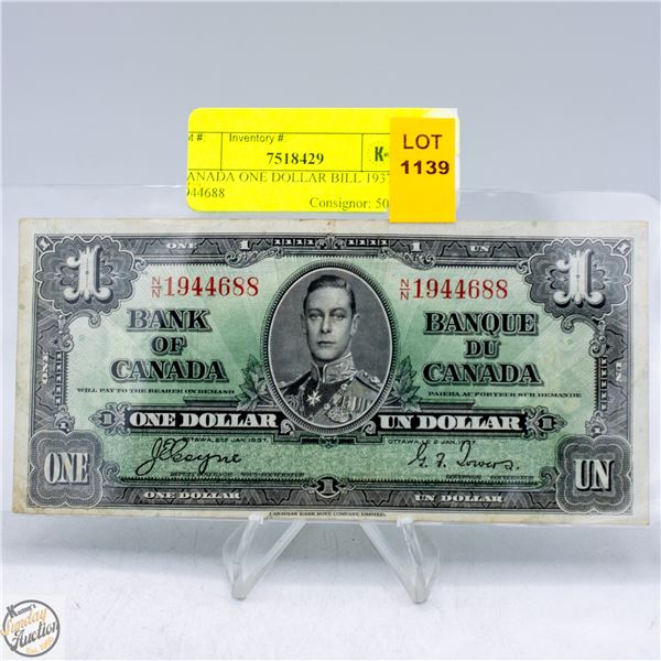 CANADA ONE DOLLAR BILL 1937 S/N 1944688