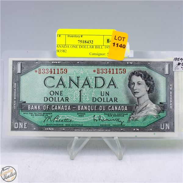 CANADA ONE DOLLAR BILL 1954 S/N 5283582