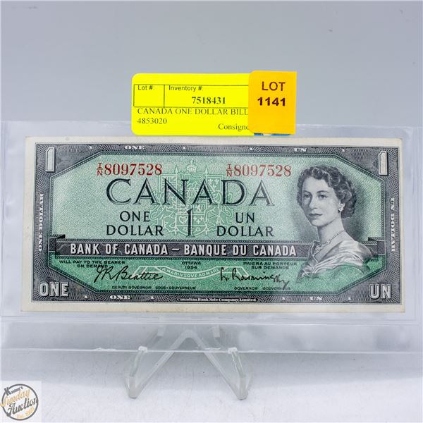 CANADA ONE DOLLAR BILL 1954 S/N 4853020