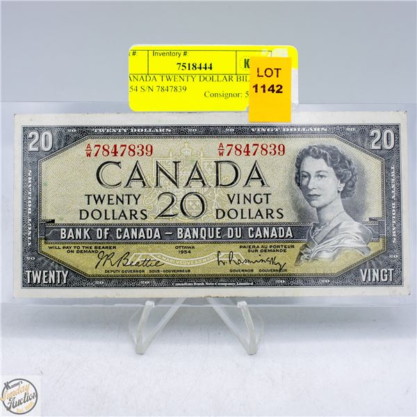 CANADA TWENTY DOLLAR BILL 1954 S/N 7847839