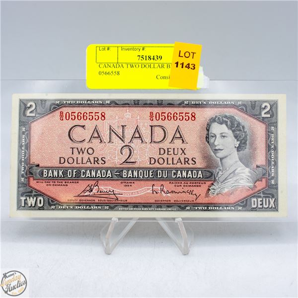 CANADA TWO DOLLAR BILL 1954 S/N 0566558