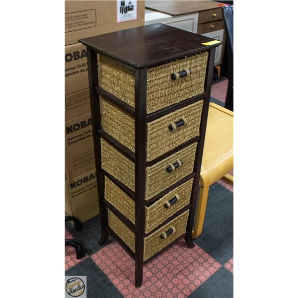 5-DRAWER WICKER AND DARK WOOD (16” X 14”) H-44”