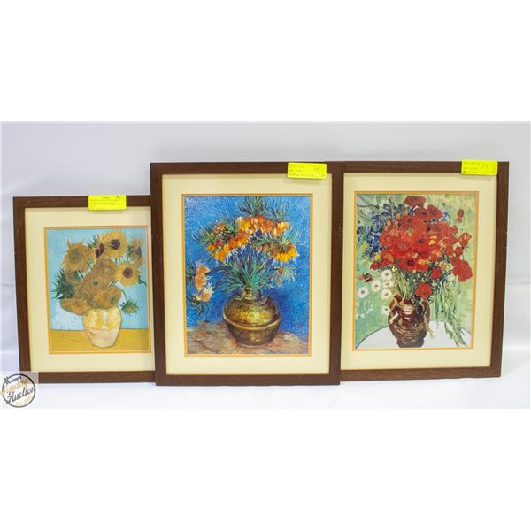 3 REPLICA VINCENT VAN GOGH FLOWER FRAMED PICTURES
