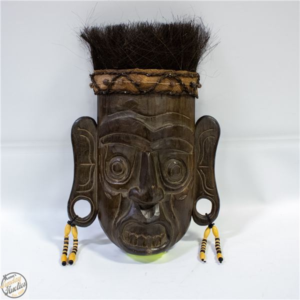 LARGE HAND CARVED WOODEN MASK WITH EARRINGS