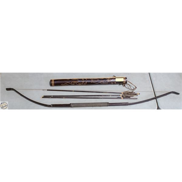 WOODEN BOW + ARROWS (2 OF 3 ARROWS ARE MISSING THE