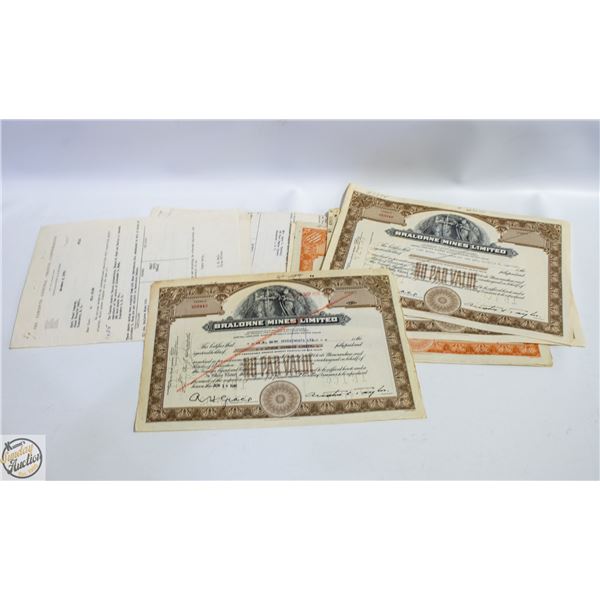 LOT OF 1953 BRALORNE MINES LTD STOCKS+LETTERS