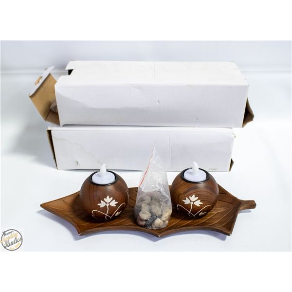 3 SETS OF TRAY, CANDLES, ROCKS