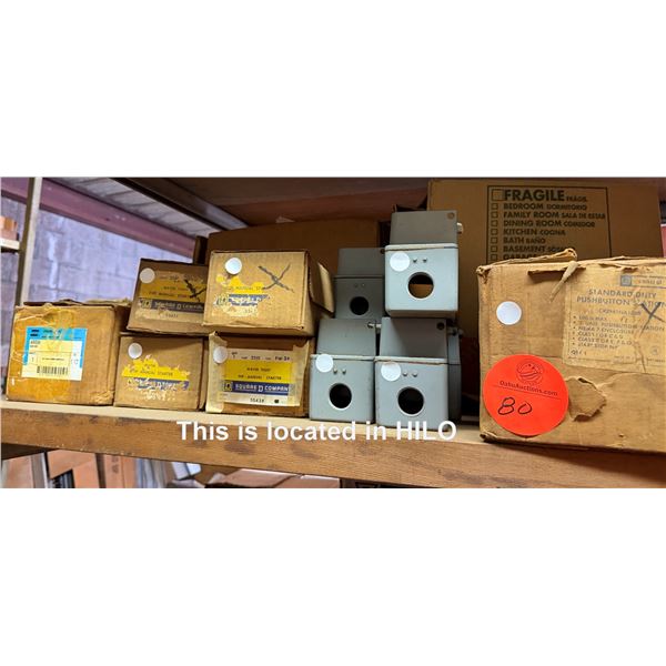 Multiple Square D Manual Starters, General Electric Pushbutton Stations, Enclosures, etc