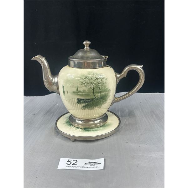 Vintage Ceramic & Silver Plate Teapot with Trivet hand painted